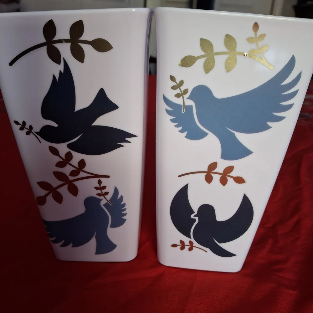 White Vases with Blue and Gold Bird Design